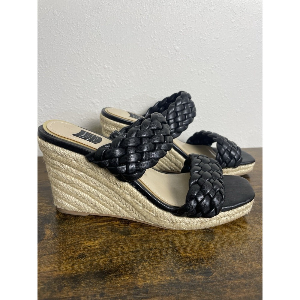 WHBM Rebecca Wedge Sandals 5.5 Braided Black Espadrille Resortwear Coastal Chic